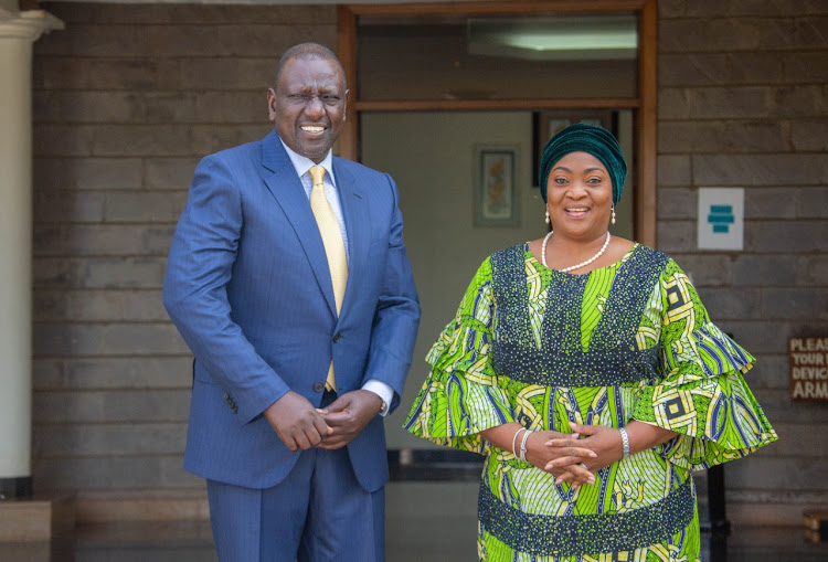 Deputy President William Samoei Ruto with Vice President of Liberia Jewel Taylor at his Karen home on Tuesday,April 12, 2022.