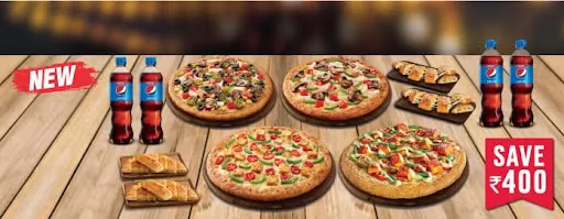 Party Combo - 4 Veg Pizza Varieties + Sides & Pepsi