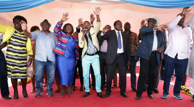 Kewi chairperson Wavinya Ndeti, Wiper leader Kalonzo Musyoka, former Machakos senator Johnson Muthama and Embakasi South MP Mawathe Musili during Ndeti's late husband Prince Henry Oduwale's 3rd anniversary at her rural home in Kinanie, Machakos, on September 28