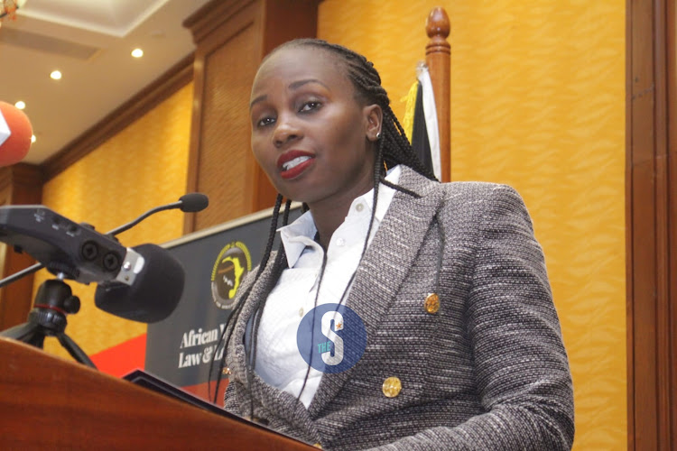 Faith Odhiambo speaks during the launch of women in law and leadership reports at Serena Hotel on January 31, 2023.