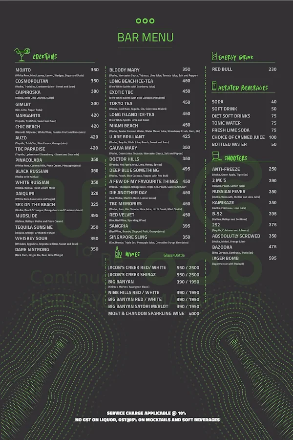 TBC Sky Lounge menu 