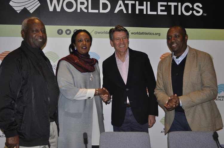 (From left): AK President Lt.Gen (Rtd) Jackson Tuwei, Sports CS Amb. Amina Mohamed, World Athletics president Sebastian Coe and former Sports PS Kirimi Kaberia in Monaco