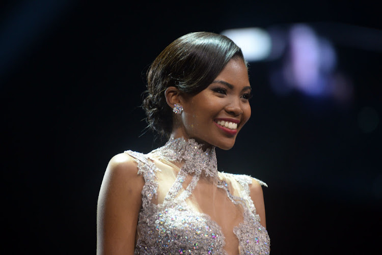 Thulisa Keyi on stage at the Miss SA pageant in May 2018.