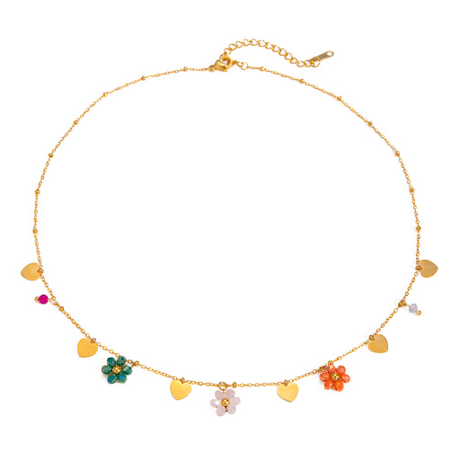 Title 5, 18K Gold Stainless Steel Colored Glass Bead Flo...