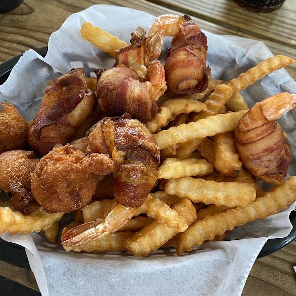 Crab stuffed shrimp, fries and hush puppies (not GF)