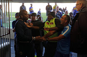 Fabio Costas, Head Coach of Costa Do Sol in an altercation with Benni McCarthy, Head Coach of Cape Town City during the 2018 CAF Confederation Cup, First Round, 2nd Leg between Cape Town City FC and Costa Do Sol at Athlone Stadium, 18 March 2018.