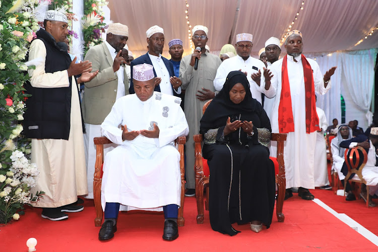 Governor Wavinya Ndeti with her deputy Francis Mwangangi during the county’s Iftar party at her Whitehouse office compound in Machakos County on April 5, 2024.