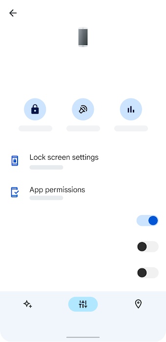 Imagen de la IU de Family Link, en la que se muestran los permisos de las aplicaciones y se pueden activar o desactivar parámetros de configuración.