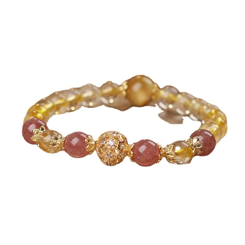 Title 2, Bracelet perlé en quartz fraise naturel et oeil...