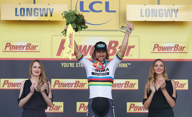 Bora-Hansgrohe rider Peter Sagan of Slovakia celebrates his victory on the podium.