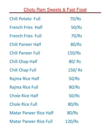 Chotu Ram Sweets And Fast Food menu 