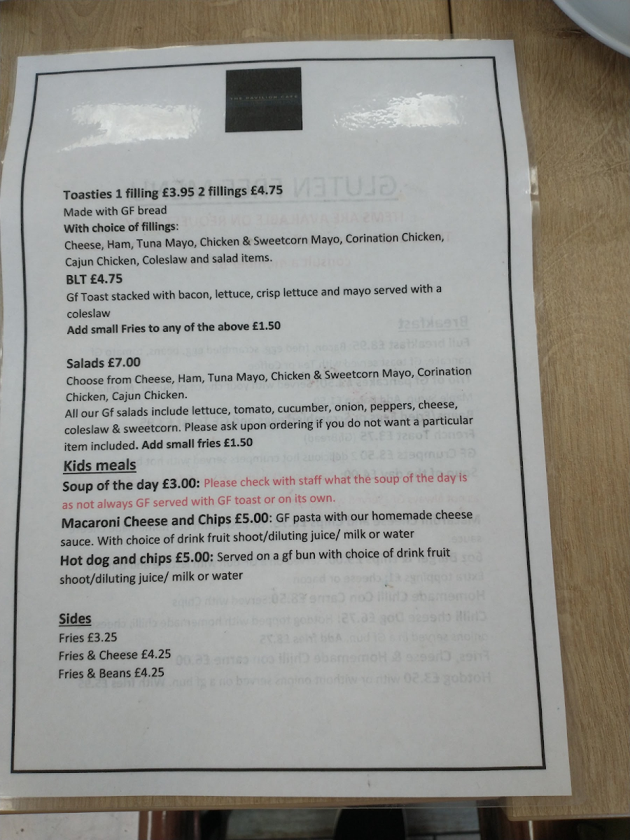 The Pavilion Café gluten-free menu