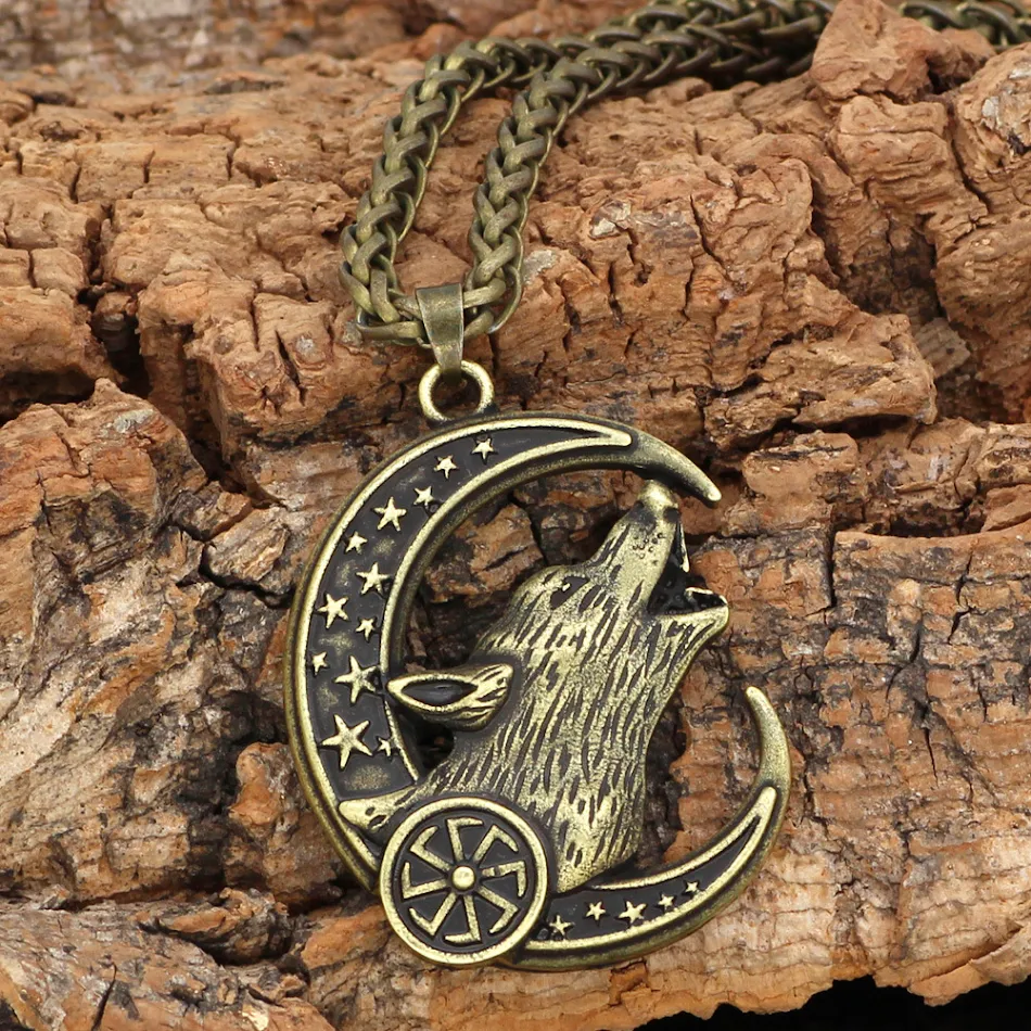 Heren Vintage Wolfskop Maan Hanger Ketting, een opvallend sieraad dat je stijl verbetert met een vleugje wildheid en mysterie.