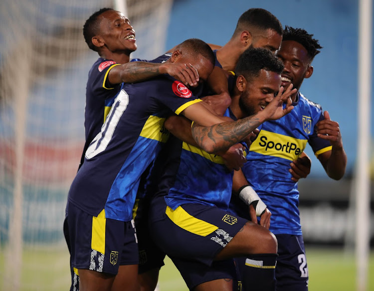 Kermit Erasmus of Cape Town City celebrates his goal with teammates during the Absa Premiership match against Mamelodi Sundowns at Loftus Versfeld Stadium on August 17, 2020 in Pretoria