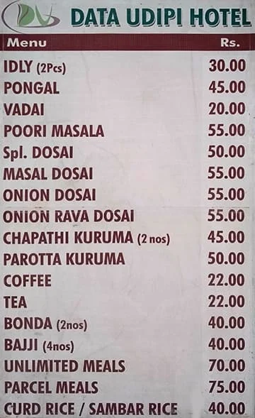 Data Udipi Hotel menu 