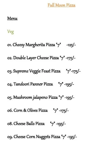 Full Moon Pizza menu 