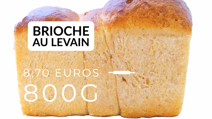 Ingrédients : farine de blé bio T80, oeufs bio, beurre bio, sucre de canne bio, du  levain naturel de seigle, sel de Guérande, eau. La brioche est cuite au four à feu de bois.