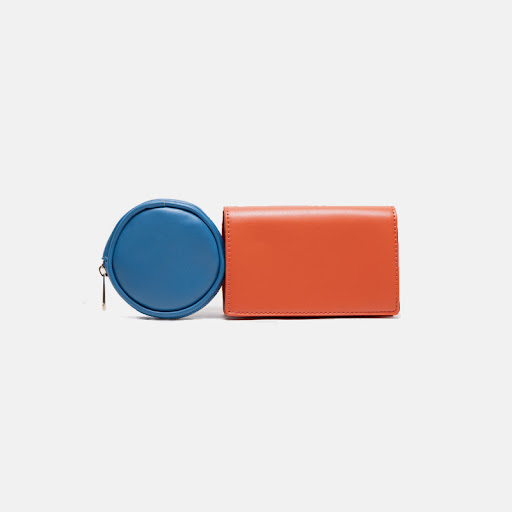 Title 1, Patchwork color square round waist bag, a styli...