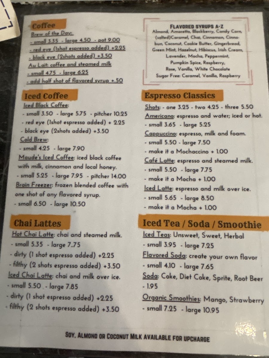 Maude's Cafe gluten-free menu