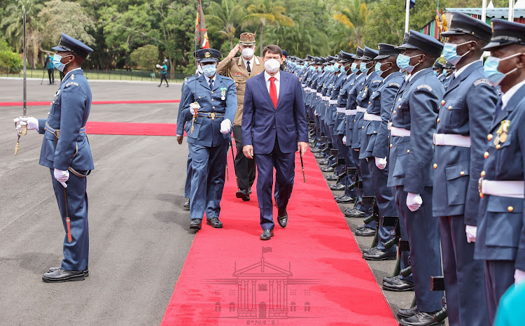 The Hungarian leader, who arrived in the country on Sunday for four-day State Visit, was accorded an elaborate State Reception that included a Guard of Honour mounted by a detachment of the Kenya Air Force and a 21-Gun Salute.