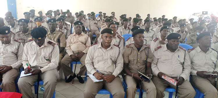 Chiefs and assistant chiefs from Garissa county during a meeting that was convened by Northeastern regional commissioner John Otieno at the Garissa Government Guest House.