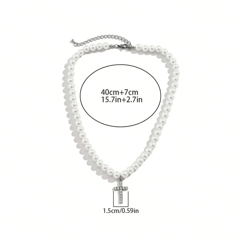 Colar masculino com pingente de cruz retrô, pérolas e diamantes de imitação, fácil de combinar, acessório elegante.