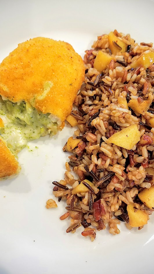 Wild Rice Recipe with Apples and Pecans - a great textural dish that also celebrates apples in the fall and is a wonderful side dish to many mains, here with a chicken breast stuffed with broccoli and cheese