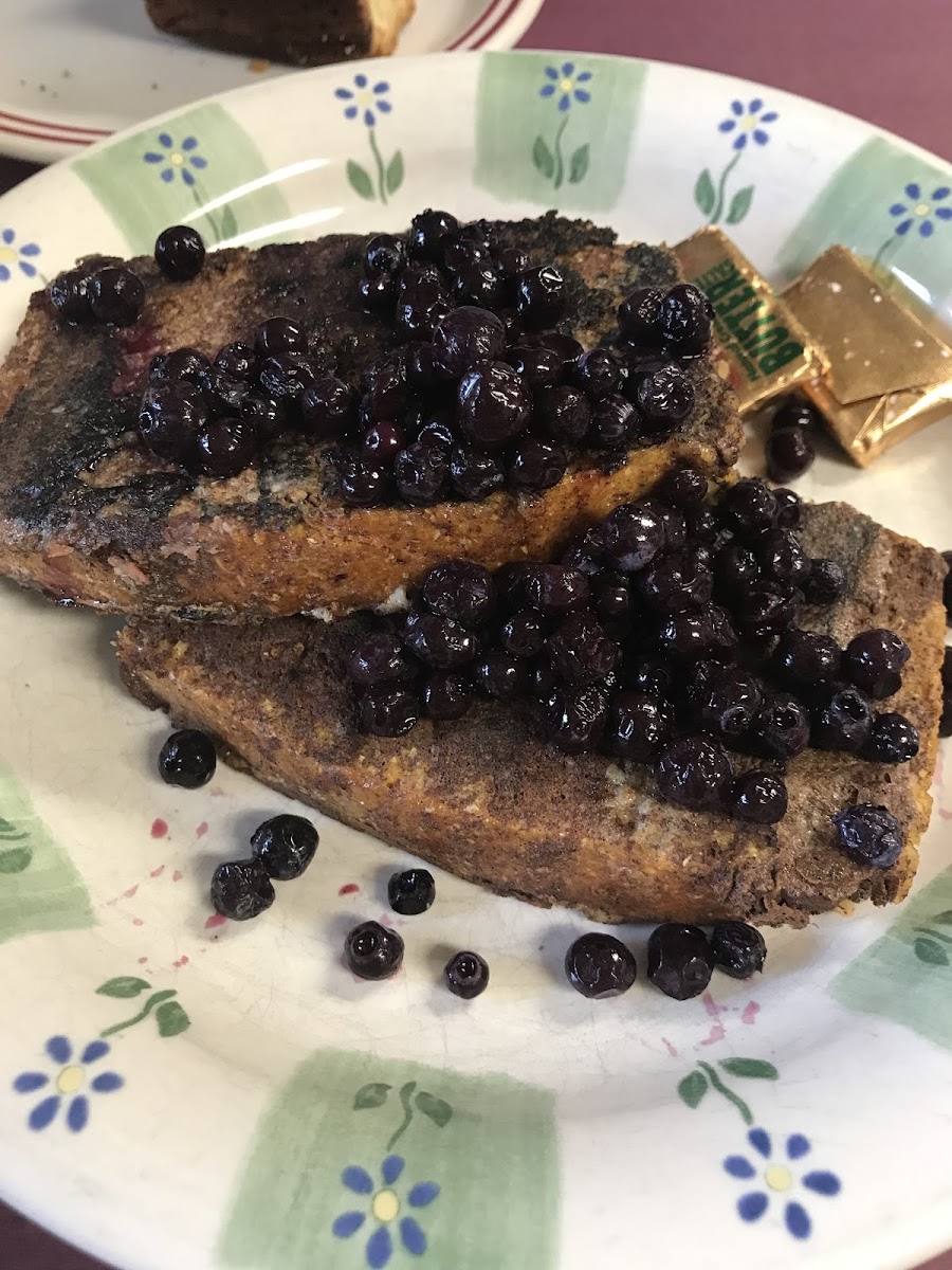 French Toast with blueberries, made from housemade GF corn bread.