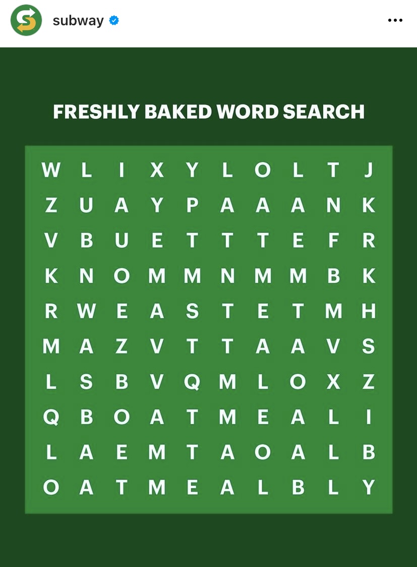 A crossword posted by Subway.