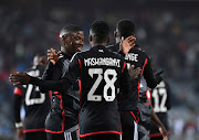 Orlando Pirates midfielder Patrick Maswanganyi celebrates his goal with teammates during their Caf Champions League preliminary round second leg match against Djabal Club on the 25 August 2023 at Orlando Stadium.