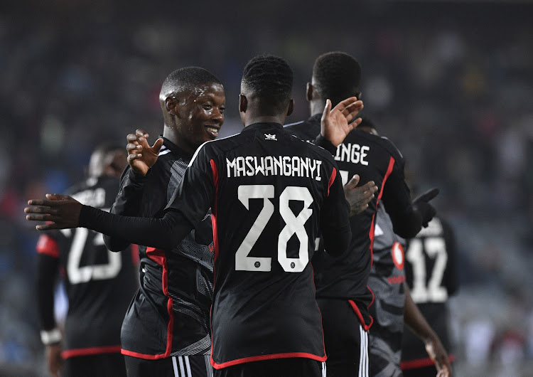 Orlando Pirates midfielder Patrick Maswanganyi celebrates his goal with teammates during their Caf Champions League preliminary round second leg match against Djabal Club on the 25 August 2023 at Orlando Stadium.