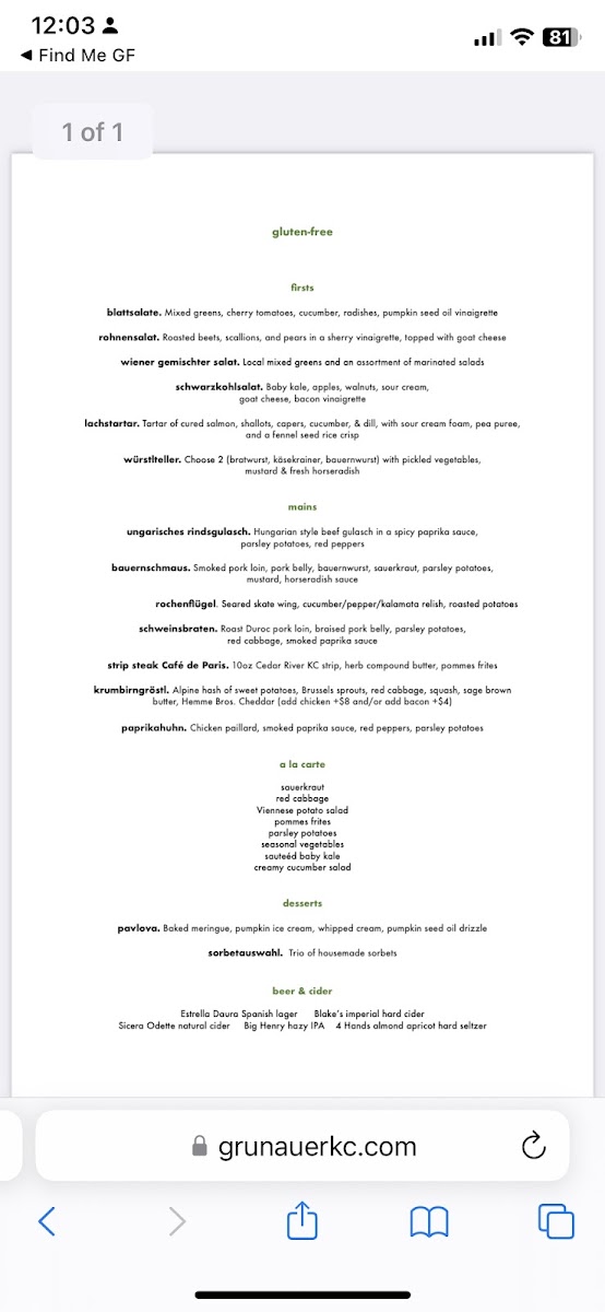 Grunauer gluten-free menu