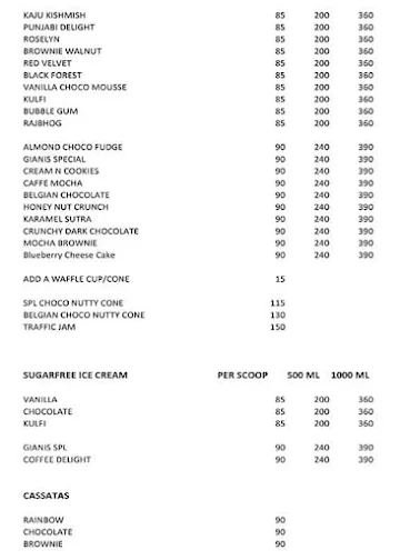 Giani's Ice Cream menu 