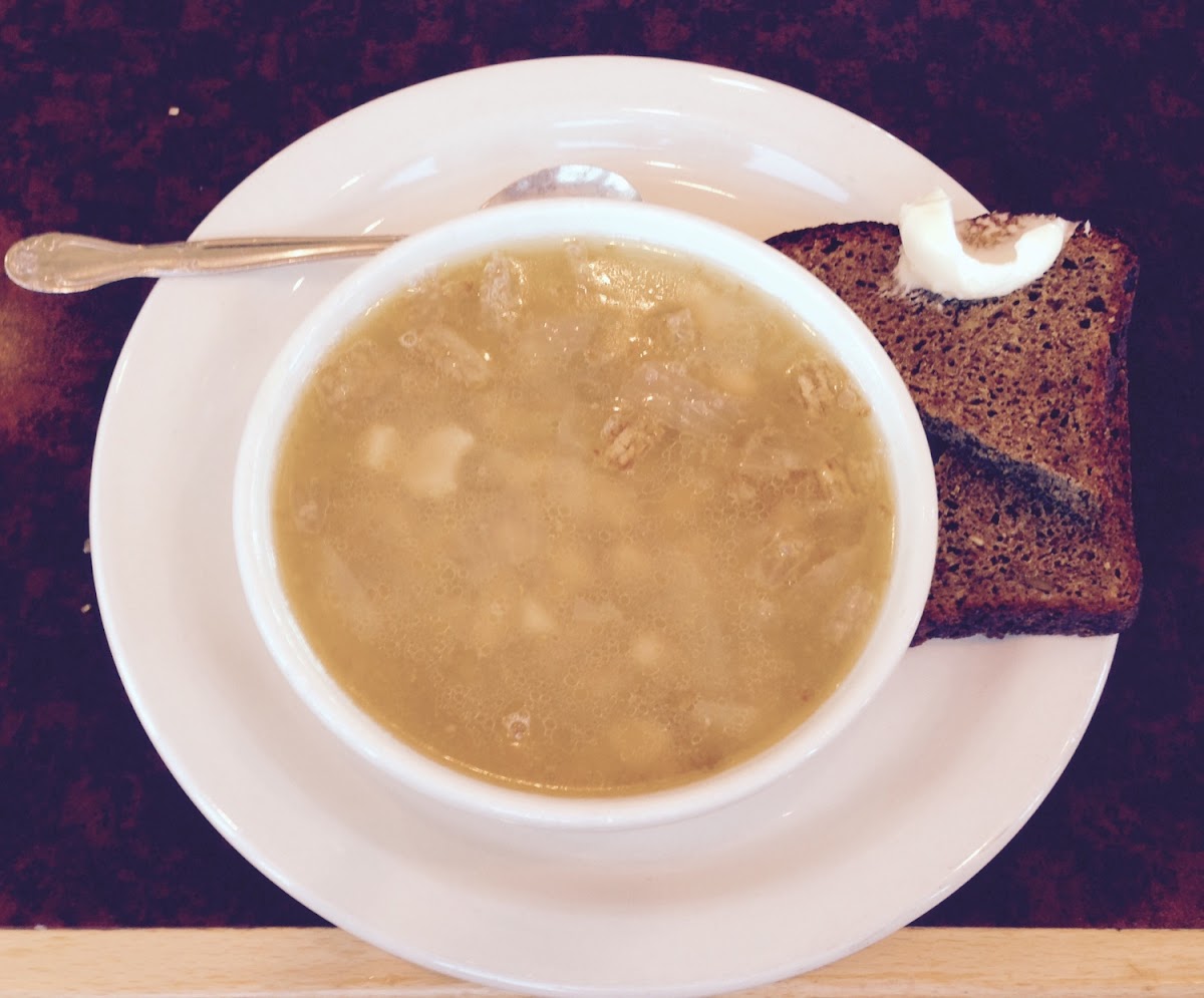 Chicken Bean Chili with GF bread from Jensen's Bakery in Portland (dedicated GF facility).