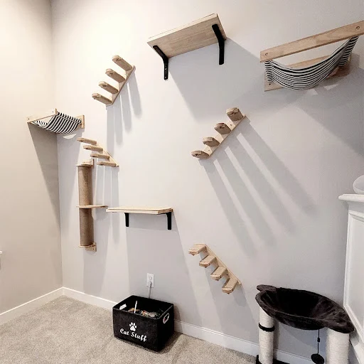 Wall Mounted Climbing Shelf Cat Tree 4 Steps Stairway with Cat Hammock Scratching Post for Sleeping Playing and Grinding