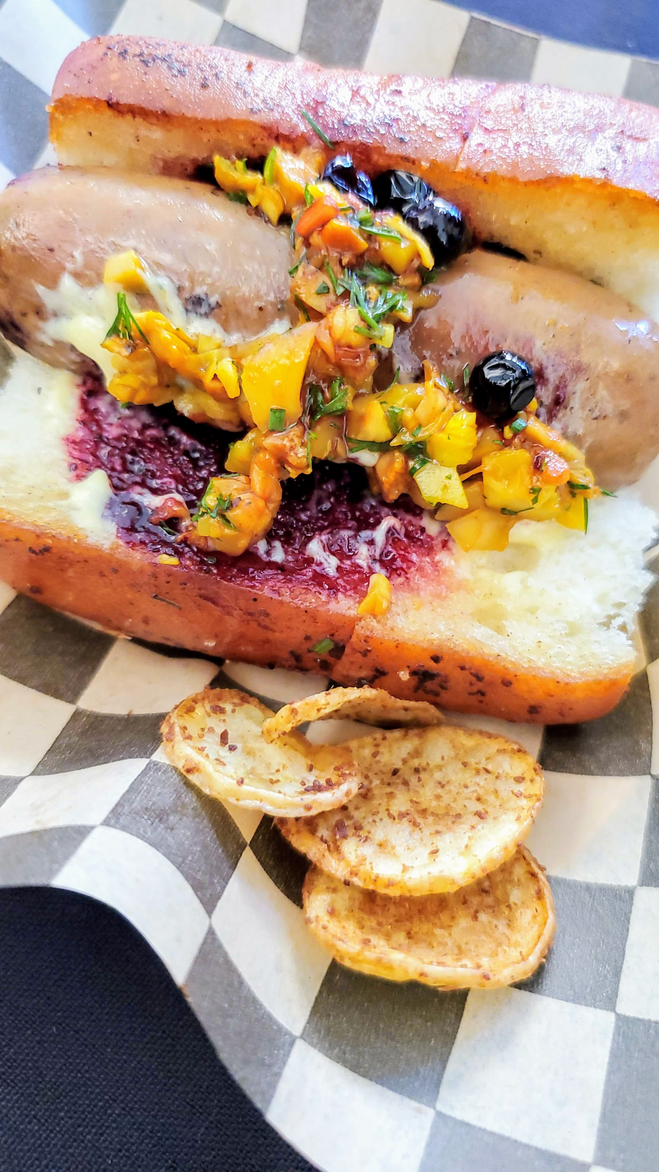 Review of Wild About Game 2019: Elk competition, Matthew Jarrell (Imperial) Elk Hot Dog with Huckleberry Ketchup and Foie Gras Dijonaise VS Maximilian Petty (Eden Hill) Seattle Dog with cold smoked Elk sirloin Tartare, Caramelized Onion Ash, Salish sea salt aged cheese pate, Petite Baguette roll