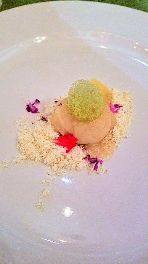 The Txoko Experience - movie and a Basque dinner with Urdaneta. Sorbetea, txakoli-patxoran sorbet, basil, popcorn powder, pickled apple. Paired with Isastegi Basque Sidra