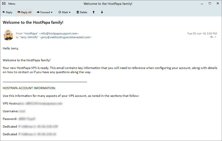 Email chào mừng của Hostpapa
