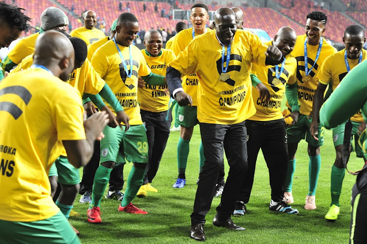 Wedson Nyirenda Coach of Baroka FC leadsthe squad in a celebratory dance during the2018 Telkom Knockout Finals game between Baroka FC and Orlando Pirates at Nelson Mandela Stadium in Port Elizabeth on 08 December 2018.