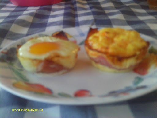 The one on the let is a sunny-side up version. The one on the right is the recipe. Both are made with a quartered ham slice instead of diced ham.