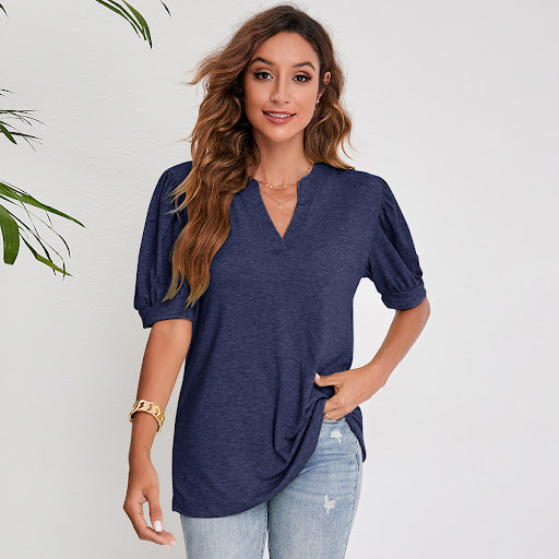 Title 7, Womens Pleated Puff Sleeve Tops Summer V Neck ...