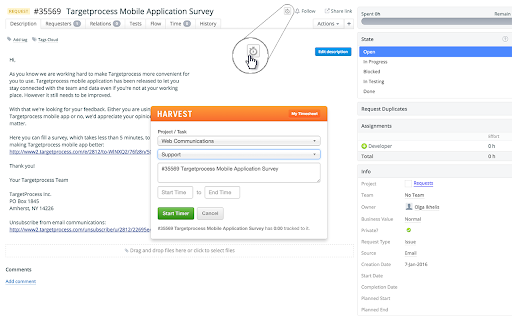 TargetProcess 3 Harvest Time Tracking