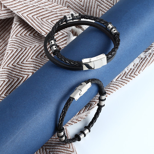 Title 3, Stainless Steel Woven Leather String Couple Bra...