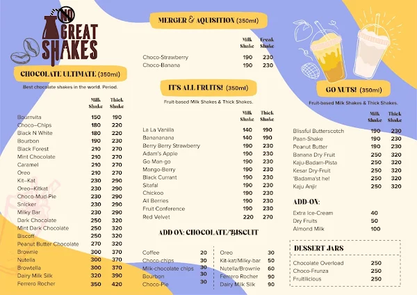 No Great Shakes menu 