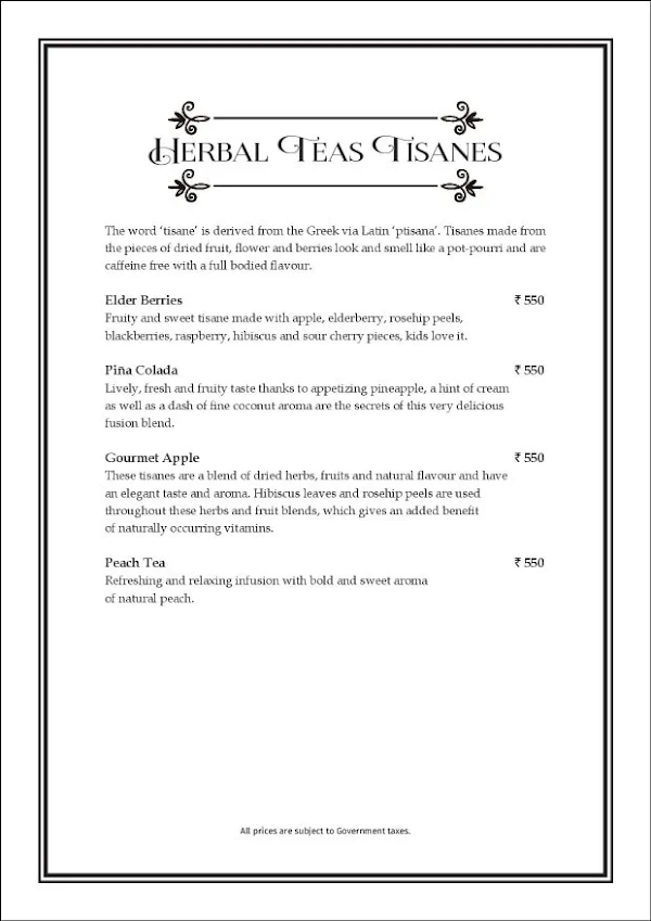 Sea Lounge - The Taj Mahal Palace menu 