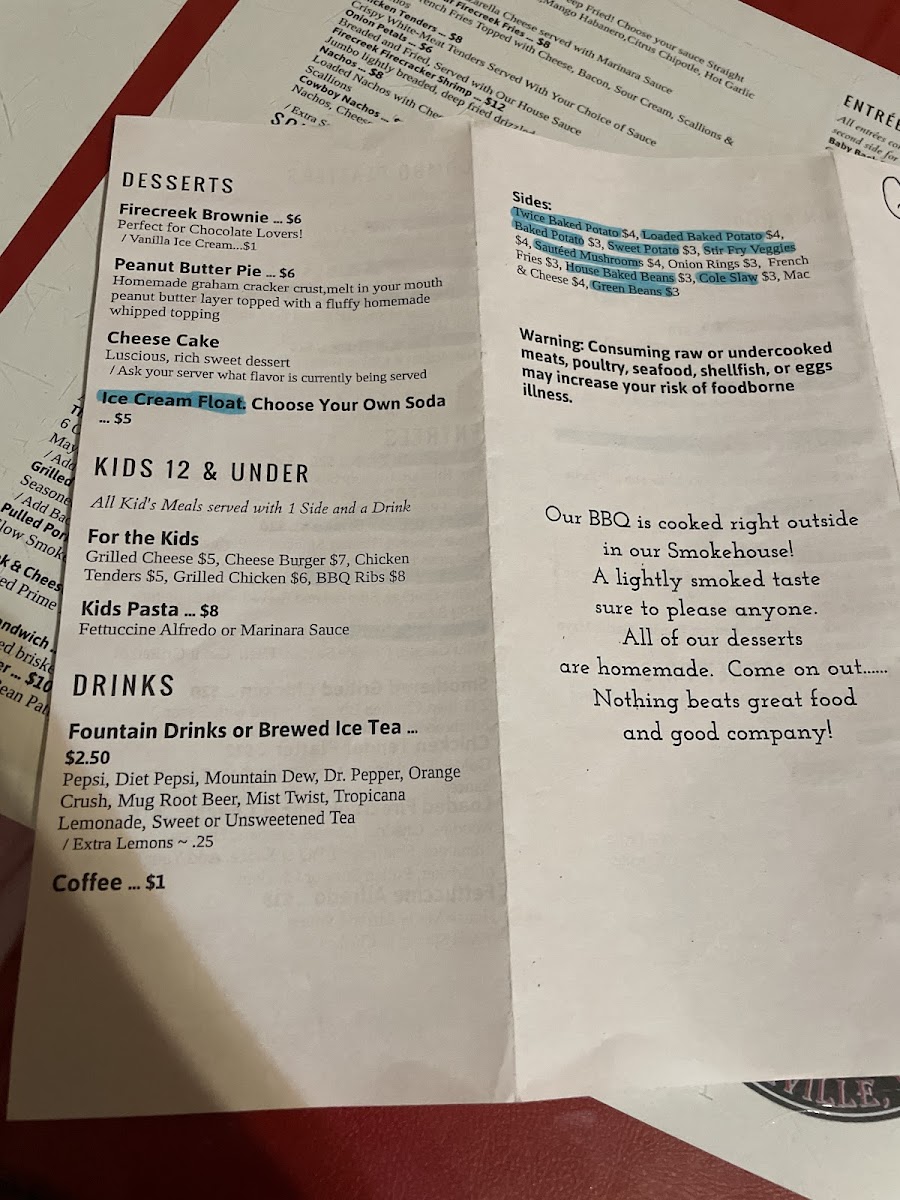 Firecreek BBQ & Steaks gluten-free menu