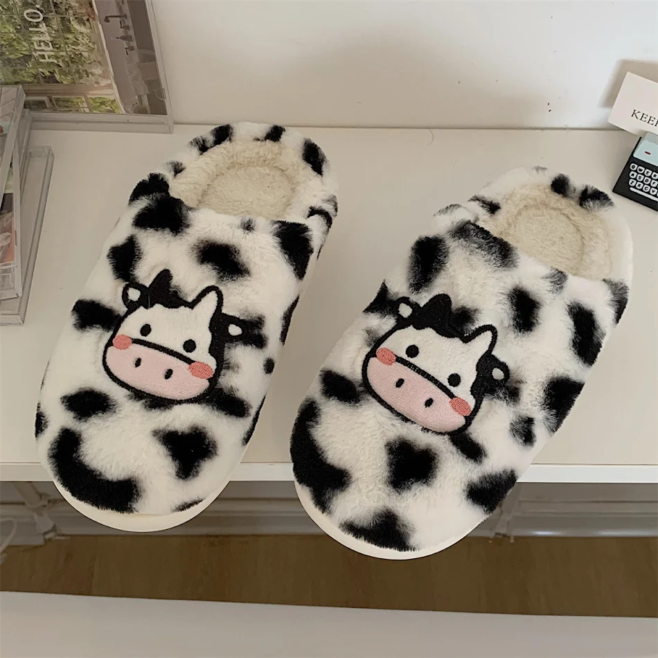 Cartoon Cow Warming Woolen Cotton Slippers Women, cozy and comfortable house slippers, perfect for keeping your feet war