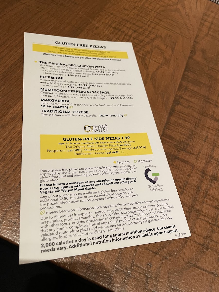 California Pizza Kitchen gluten-free menu