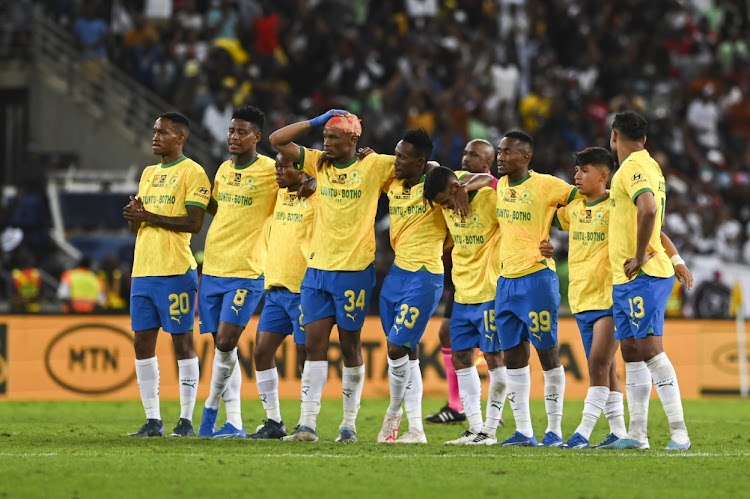 Mamelodi Sundowns players during the penalty shootout for the MTN8 final against Orlando Pirates at Moses Mabhida Stadium in Durban on October 7. Picture: GALLO IMAGES/DARREN STEWART