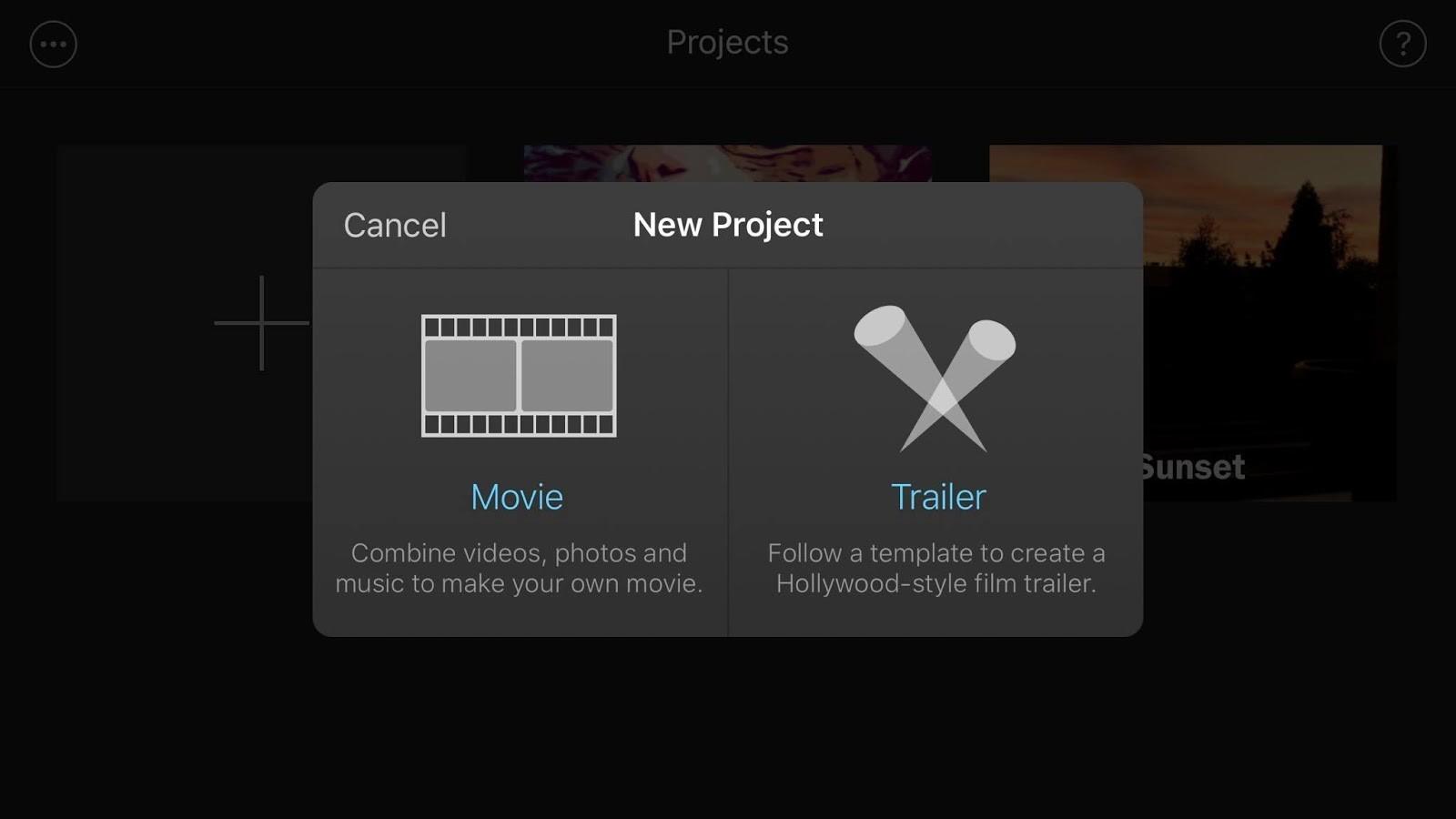 iMovie New Project Options